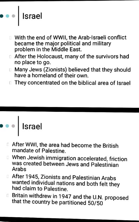 Arab israil - • Israel With the end of WWII, the Arab-Israeli conflict ...