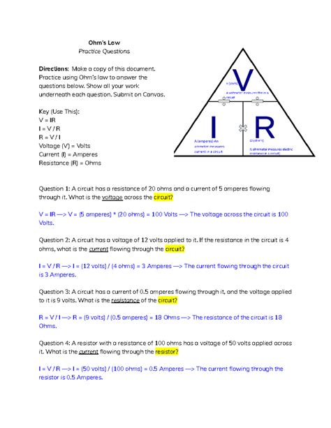 Copy of Ohm’s Law - The assignment has basic practice problems about ...