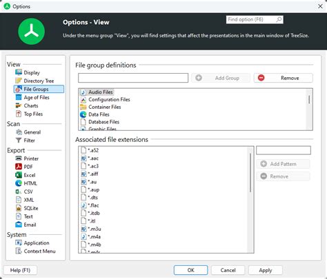 Using TreeSize > Options Dialog > View > File Groups