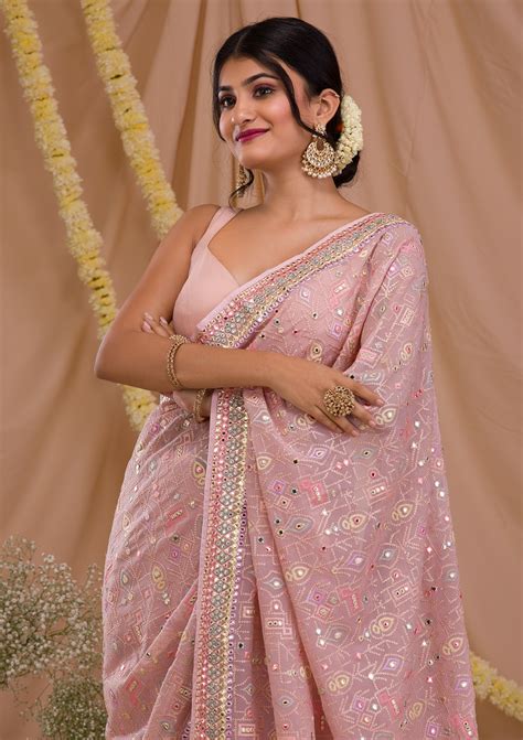 Buy Peach Gotapatti Geogette Saree - Koskii