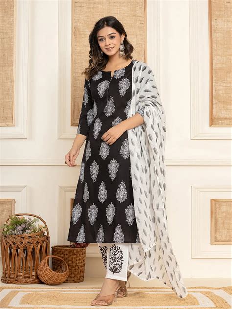Women Black Paisley Print Rayon Kurta With Hand Block Print Palazzo ...