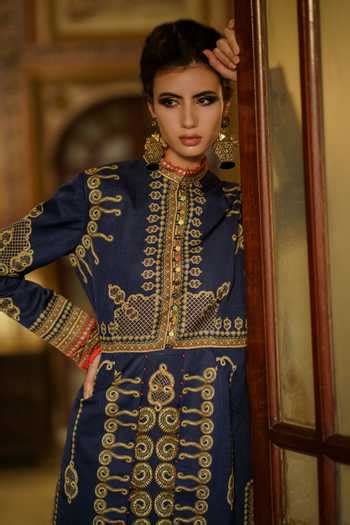 Buy Blue Jacket Dupion Kurta And Pant Silk Mandarin Collar Indira & Set ...