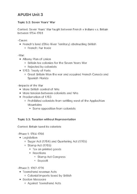 Apush Unit 3 - APUSH Unit 3 Topic 3: Seven Years’ War - Studocu