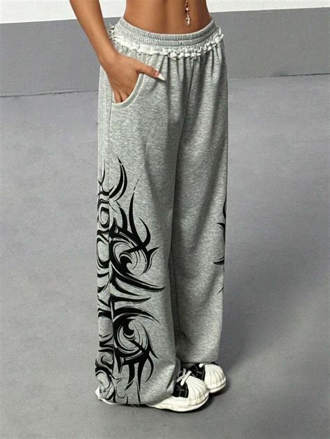 StreetHx Women's Gray Gothic Graffiti Floral Print Street Style Loose ...