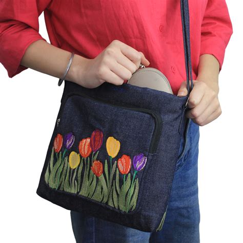 Tulip Delight Embroidered Denim Sling Bag