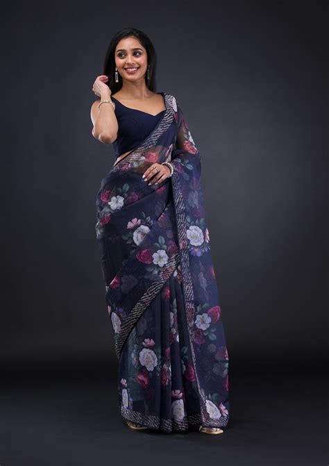 Buy Navy Blue Floral Organza Saree - Koskii