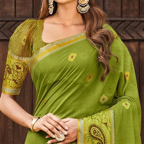 Green Festive Wear Woven Cotton Saree