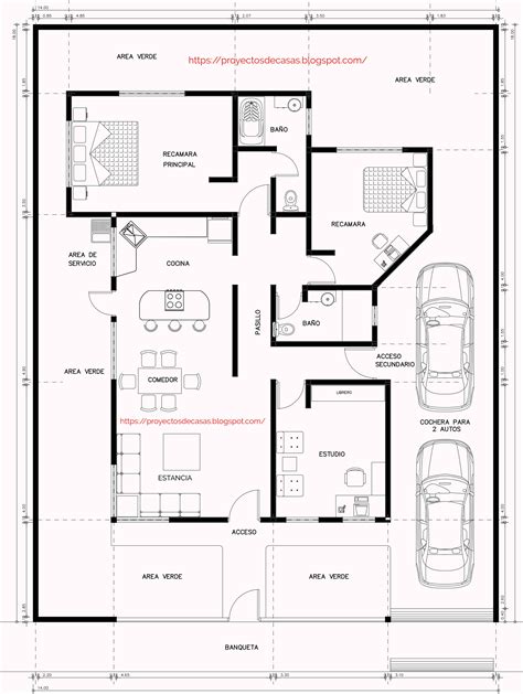 Plano Casa Un Nivel 14 x 18 con 2 Dormitorios Estudio y Garaje 2 autos