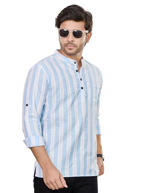 Premium Cotton Linen weave Vertical Band Striped Short Kurta, Blue Whi ...