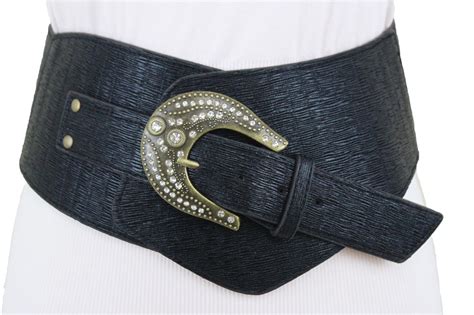 Women Belt Hip Waist Black Wide Western Faux Leather Bling Buckle Plus ...