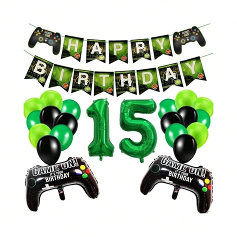 29pcs 15th Birthday Green Gaming Controller Themed Party Decoration Kit ...