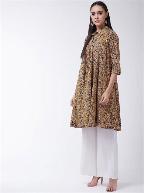 Mustard Kalamkari Jaal Print Flared Kurta