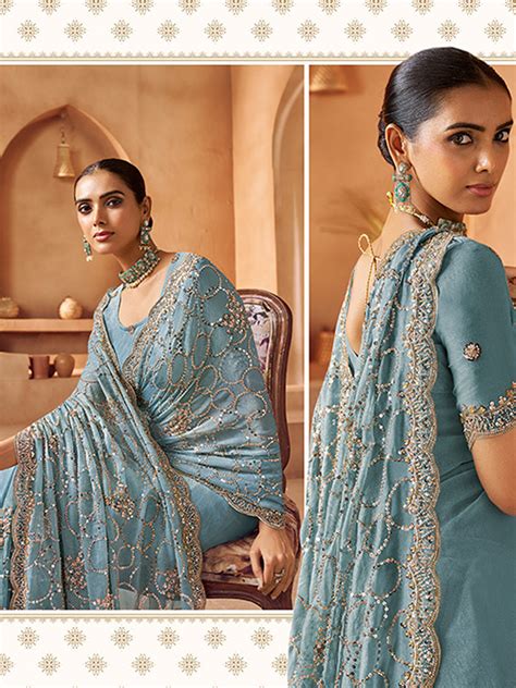 Tissue with Beads Work wedding Saree in Blue color-41026 – Saundaryam ...