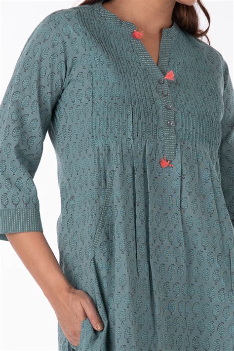 Dharan Nisha Turquoise Block Printed Kurta For Women Online – Okhaistore