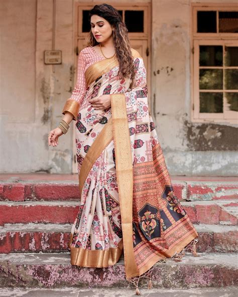 Ivory Tussar Silk Saree with Artistic Floral Motifs and Glea