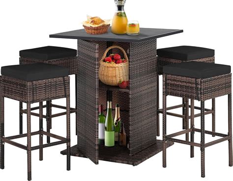 Amazon.com: Tangkula 5 Piece Outdoor Rattan Bar Set, Patio Bar ...