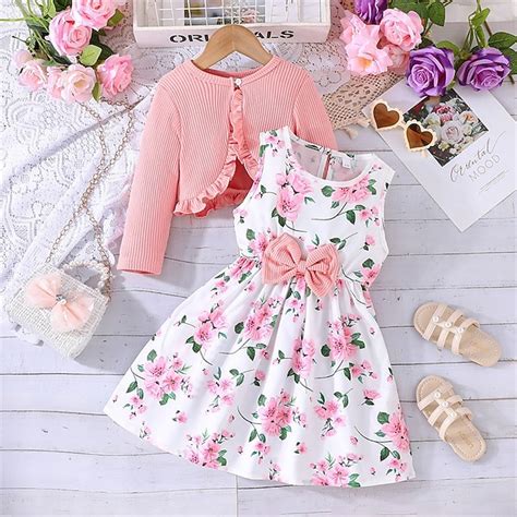 2 Pieces Kids Girls' Floral Tie Knot Dress Suits Set Long Sleeve ...