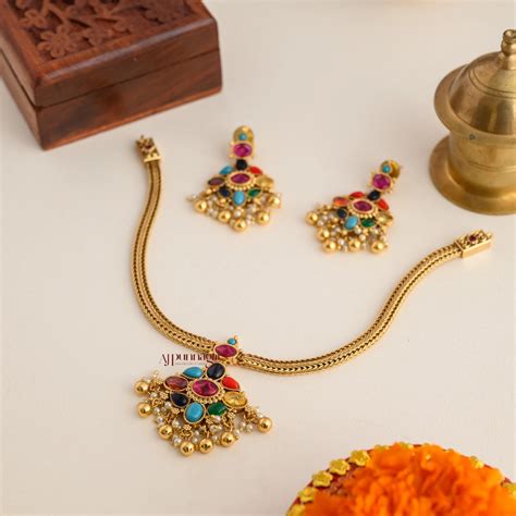 Traditional South India Style Kemp Necklace - Navaratna – AJ Punnagai