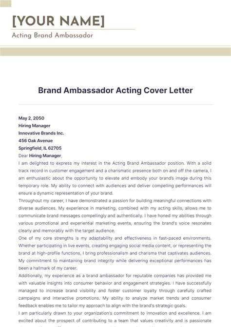Free Brand Ambassador Acting Cover Letter Template to Edit Online