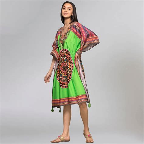 Green Tribal Embellished Mid Length Kaftan – First Resort by Ramola ...