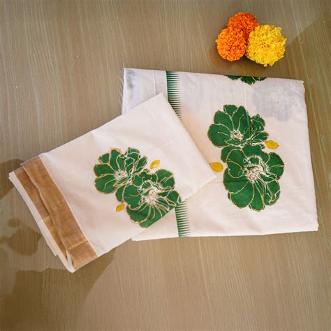 Kerala Kasavu Saree Green Floral | Hand-Painted Traditional Saree ...