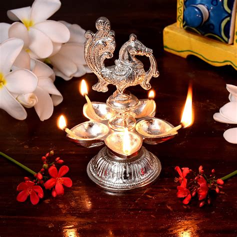Brass Peacock Figurine Oil Lamp Diya With a Silver Polish For Diwali