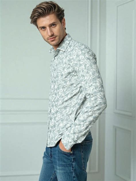 DIMAXIO SLIM FIT PRINTED LINEN BLEND CASUAL SHIRT - LIGHT BLUE