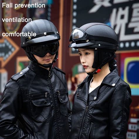 Buy Retro Electric Half Helmet Leather Motorcycle Helmets DOT Approved ...