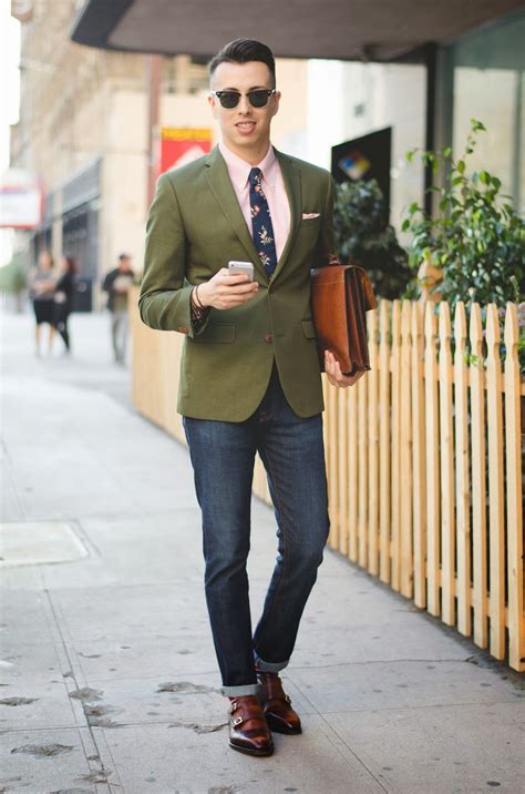 Men's Dark Green Blazer, Pink Dress Shirt, Navy Jeans, Brown Leather ...