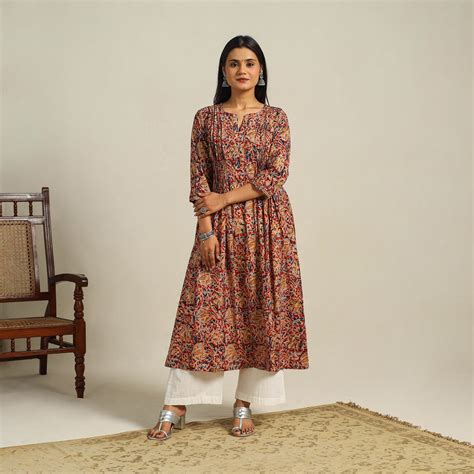 Red Block Print Cotton A-Line Kalamkari Kurta For Women