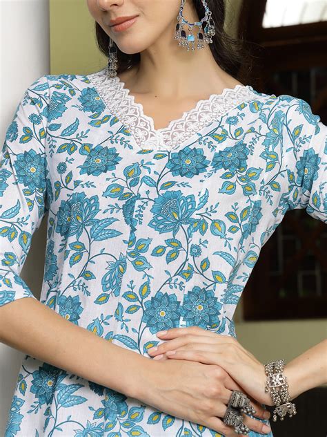Turquoise Floral Printed Cotton A-Line Kurta Pant Dupatta Set – Trendphoria