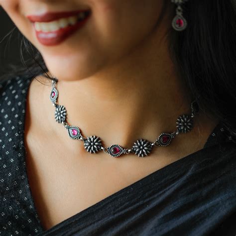 Oxidized Silver Choker Set with Ruby Stone | 92.5% Sterling Silver