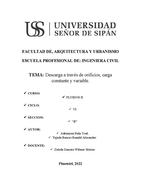 Descarga a través de orificios - Fluidos ll - FACULTAD DE, ARQUITECTURA ...