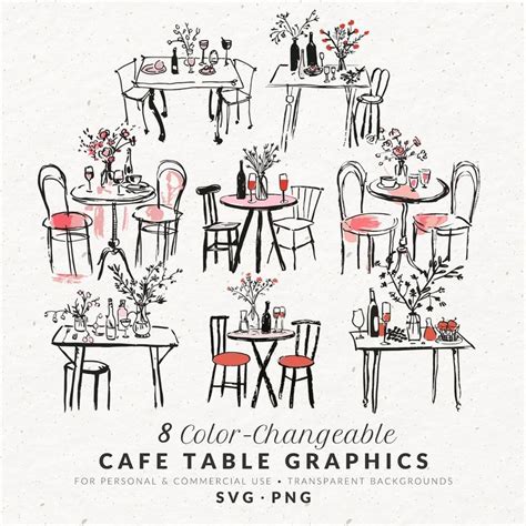Hand Drawn Fancy Cafe Table Illustrations SVG PNG, Color Wedding Party ...