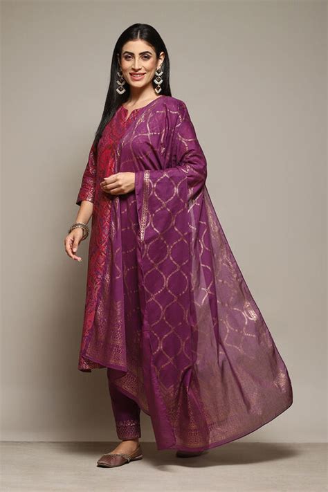 Purple Cambric Straight Printed Kurta Slim Pant Suit Set at Biba India