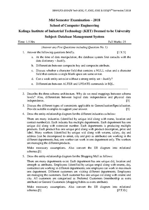 2018 DBMS Mid - DBMS/CS-2004/B Tech (CSE, IT, CSCE, CSSE & ECS)/4Th ...