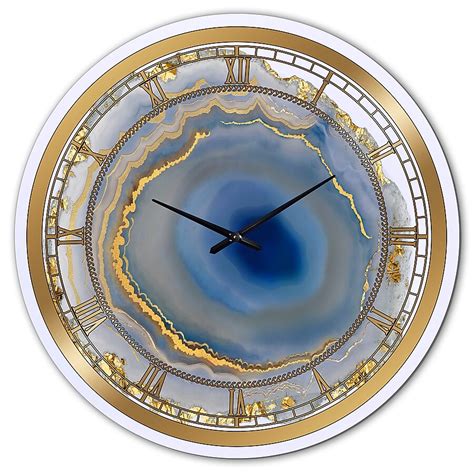 Designart 36 in Blue Metal Round Wall Clock - Roman Numerals - Battery ...