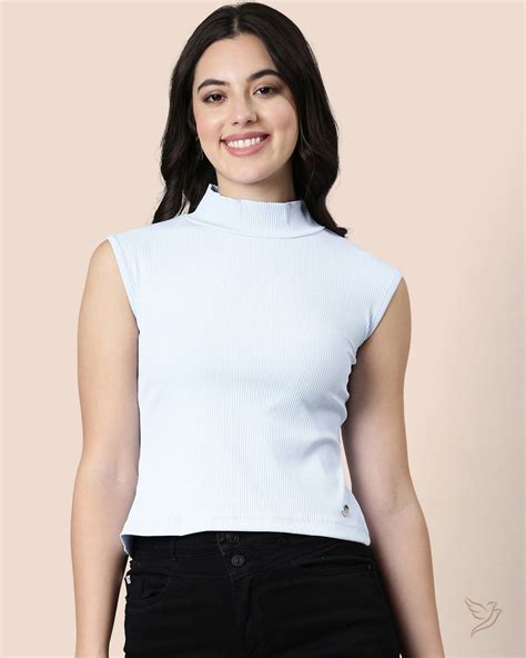 Buy Baby Blue Women Stylish Sleeveless Ribbed Tee Online