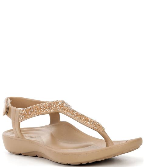 Aetrex Skyler Rhinestone Embellished T-Strap Thong Sandals | Dillard's