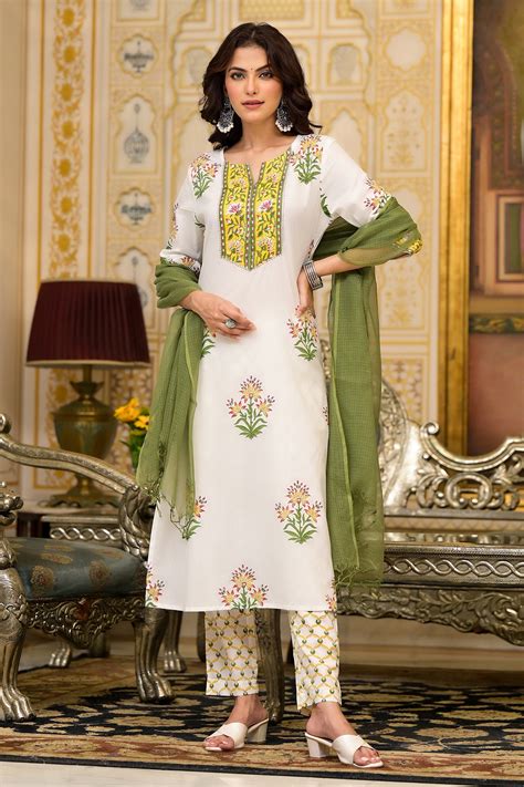 White Cotton Mughal Block Printed Kurta Pant Set With Dupatta – Bada Boota