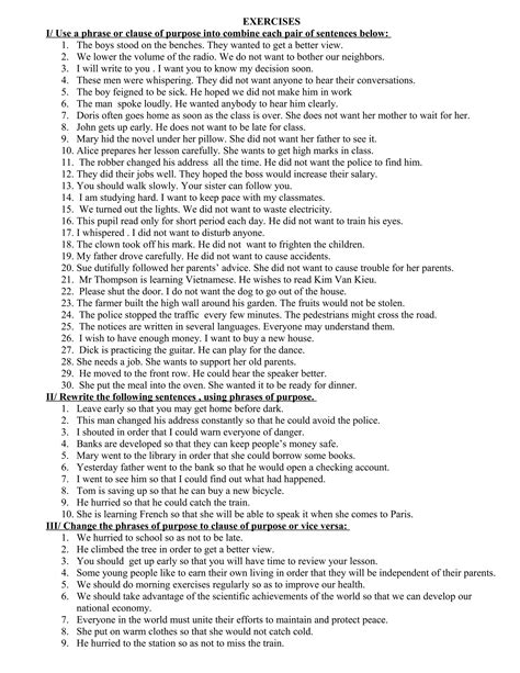 Exercises of phrases and clauses of purpose grade 8 very hot | DOC
