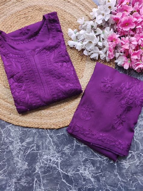 Naina purple Chikankari Embroidered Kurta With Bottom – AM Chikankari