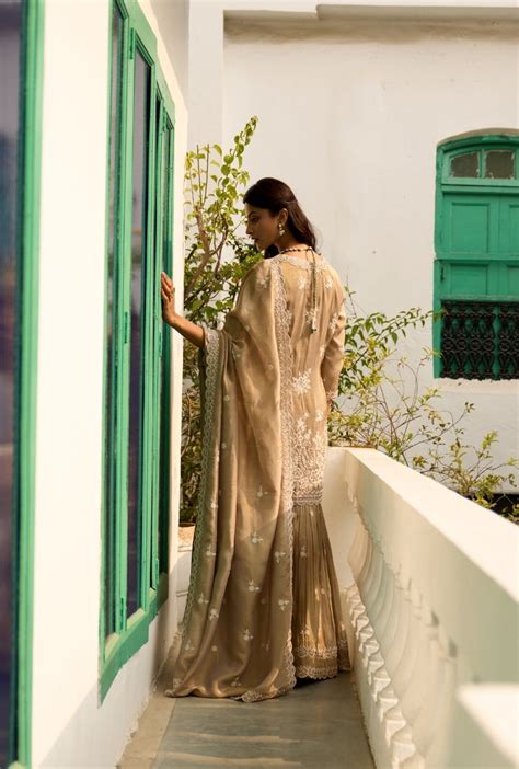 Mouse Beige Pearl Embroidery Nadira Sharara Set – Misri By Meghna Nayyar
