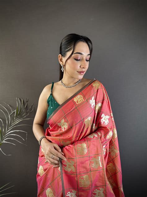 Elora Soft Silk Banarasi Saree with Elephant Motifs – Madhuri ...