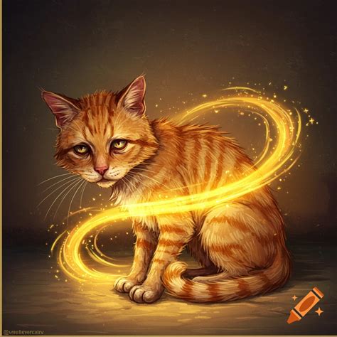 An orange tabby cat sits with glowing golden magical energy swirling ...