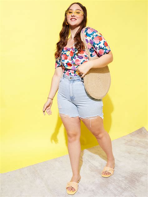 Women Plus Size White & Multicolour Floral Printed Sweetheart Neck Puff ...