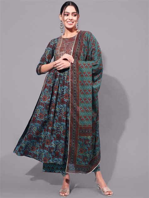 Cotton Printed Calf Length Flared 3/4 Sleeve Round Kurta Bottom Dupatt ...