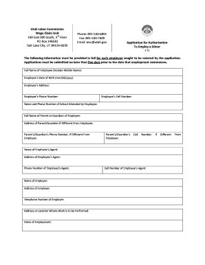 Utah Minor Employment Authorization Application - Blank Fillable ...