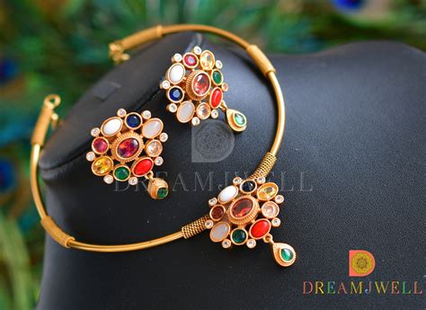 Matte finish Navarathna stone hasli necklace set dj-36039 – dreamjwell