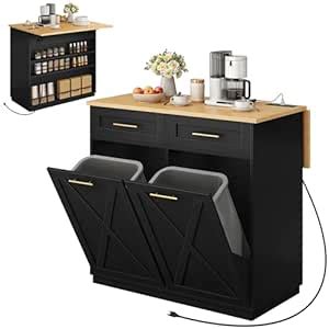 DWVO Kitchen Island with Double Tilt Out Trash Can Storage Cabinet ...